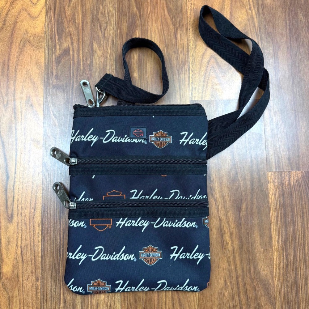 Harley-Davidson Crossbody Bag Black Logo Print Triple Zip Biker Shoulder Purse